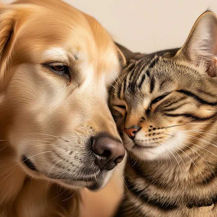 Photographie de la tête d'un chien et d'un chat côte à côte, symbolisant la sérénité et le bien-être grâce au CBD.