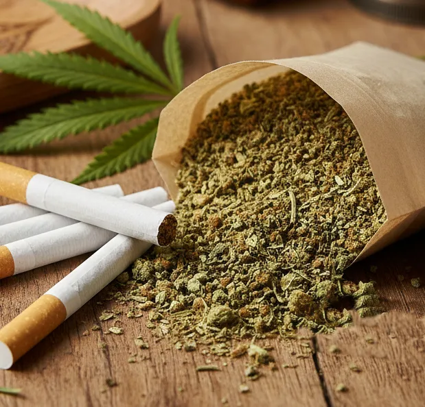 Gros plan sur des cigarettes de chanvre et du chanvre à rouler sur une table en bois avec accessoires MayzenCBD.fr.
