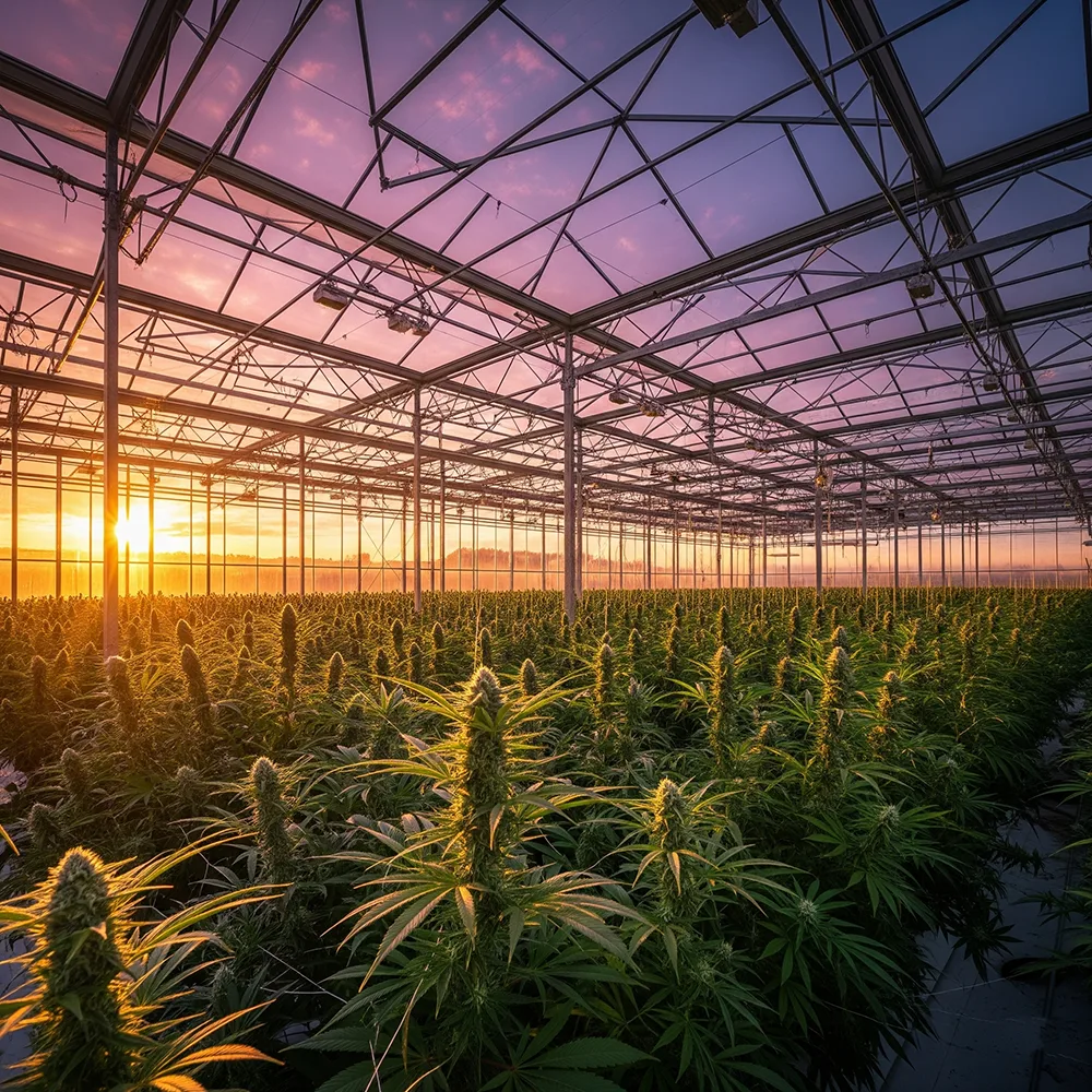 Champ de fleurs de chanvre cultivées en méthode Greenhouse sous un ciel de coucher de soleil violet. L'image illustre la culture naturelle du chanvre, un des engagements de Mayzen CBD.