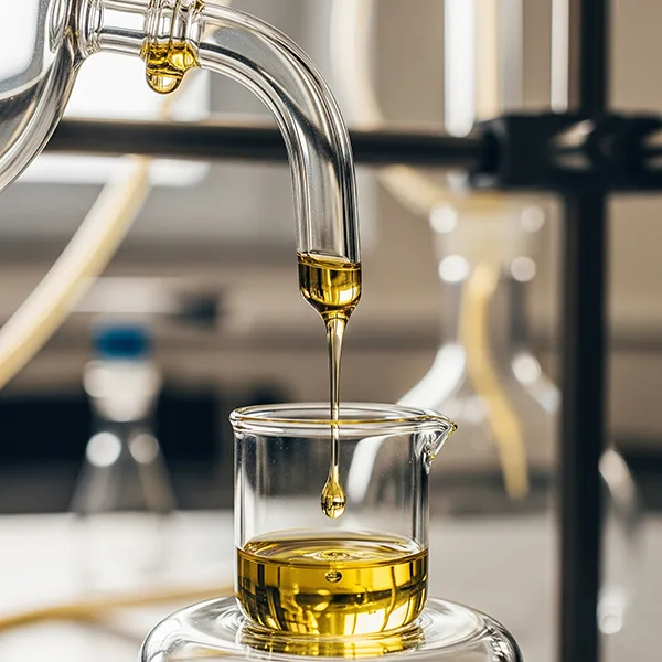 Gouttes d'huile de CBD en cours d'extraction dans un laboratoire pour Mayzen CBD.