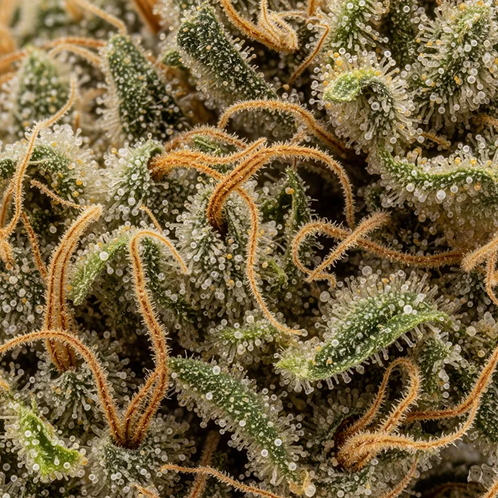 Gros plan ultra-détaillé d'une fleur de chanvre séchée pour Mayzen CBD, montrant les trichomes.