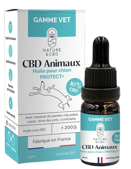 Huile CBD pour chien Protect+ Nature & CBD 10% (1000mg) - Bien-être animal disponible sur MayzenCBD.fr.