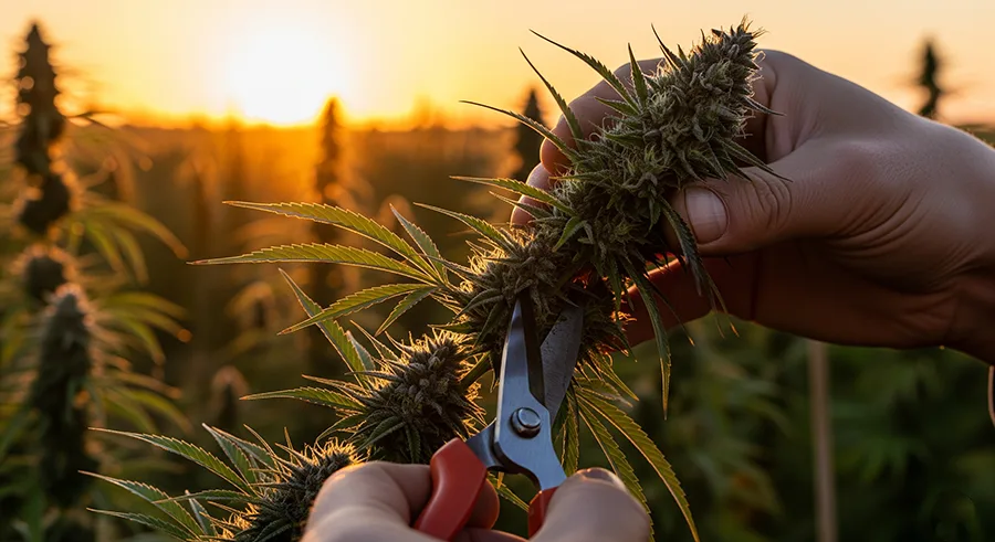 Récolte à la main de nos fleurs de chanvre Mayzen CBD au coucher du soleil.