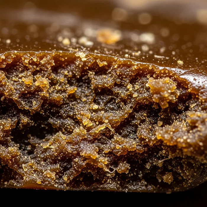 Gros plan texturé d'un morceau de résine CBD de qualité supérieure pour la boutique Mayzen CBD.